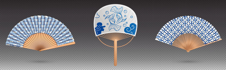 Japanese fan with traditional ornate paper design, realistic vector illustrations isolated on transparent. Asian handheld accessory with wooden bamboo handle and decorative oriental fish patterns © klyaksun