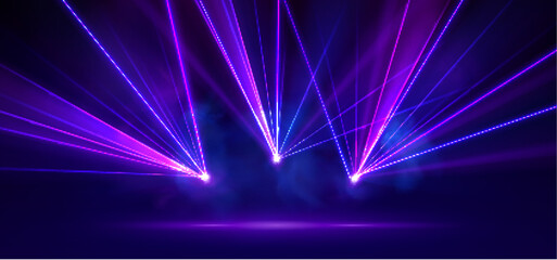 Obraz premium Vibrant laser beams in darkness, dynamic light rays with flare, abstract vector background. Concert stage, nightclub events, and party banner with neon glow effects