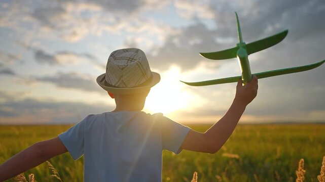 Boy in hat running with toy airplane in field at sunset. Child plays with plane in summer nature. Kid dreams of being pilot outdoors. Little boy runs fast towards sun holding flight glider.