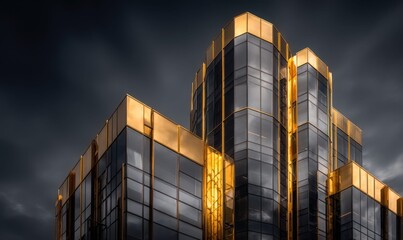 Modern golden skyscraper facade reflecting sunlight against a dramatic stormy sky