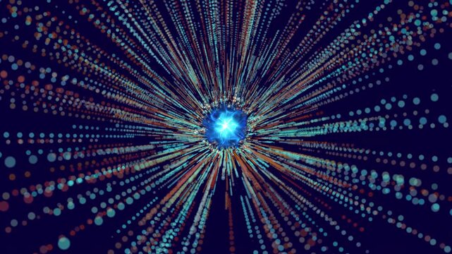 Portal abstract motion video showing glowing particles radiating from a cosmic core, symbolizing energy, creation, acceleration, light, and the infinite dynamics of digital expansion, background