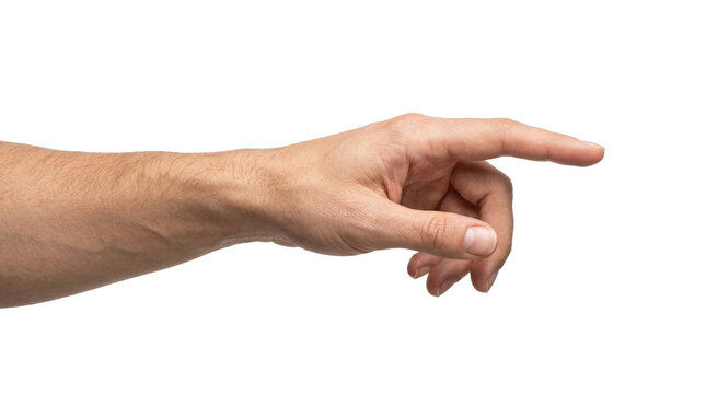 A woman's hand with an extended index finger, as if pressing something isolated on white background with clipping path.index finger reaching t touch, tap, click.