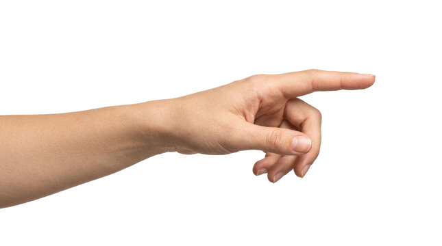 A woman's hand with an extended index finger, as if pressing something isolated on white background with clipping path.index finger reaching t touch, tap, click.