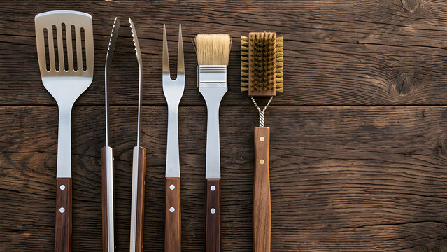 Rustic flat lay of barbecue grilling tools on dark wood background