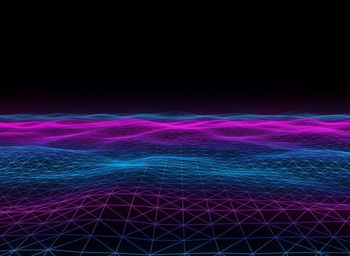 Vibrant digital landscape with waving grid pattern in blue and pink hues on black background