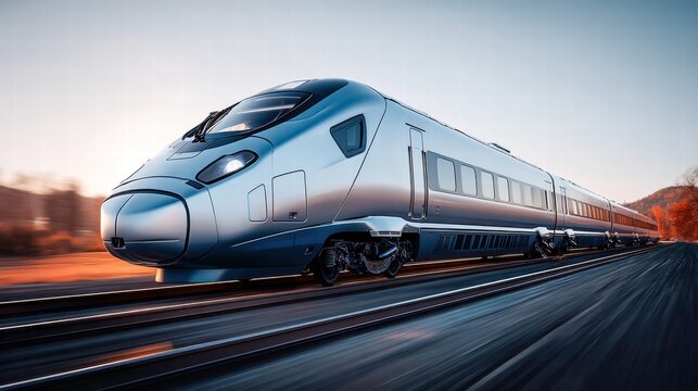 A high-speed train glides along the tracks, offering a glimpse of modern travel.