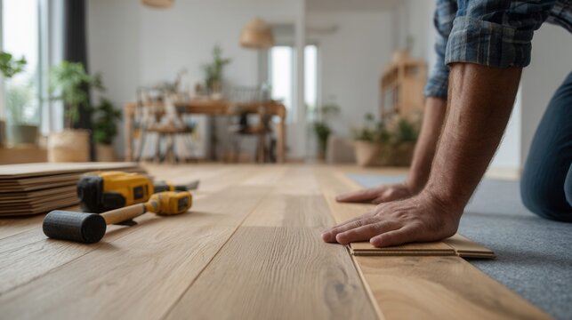 Man installing new wooden laminate flooring in a bright, modern living room