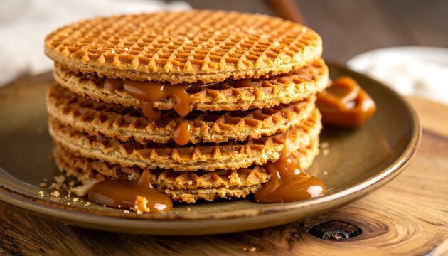 Stack of caramel-filled stroopwafels on plate with wooden board background, caramel oozing out sides