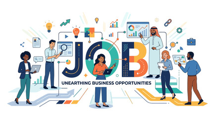 Professionals collaborating and exploring business opportunities in a modern workspace with diverse ideas and innovative solutions