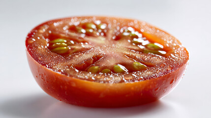 Closeup halved tomato with visible seeds and surface moisture