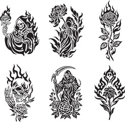 Grim Reaper and Burning Rose Gothic Tattoo Vector Set