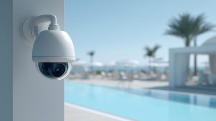 Fototapeta premium Outdoor security camera monitoring a resort pool area with palm trees and ocean in background