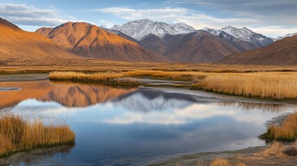 Obraz premium A serene landscape with mountains reflecting in a calm water body, surrounded by golden grass