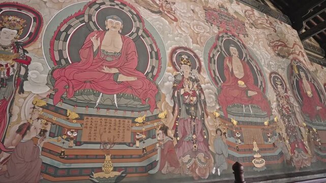 Buddhist Temple Mural with Celestial Figures and Divine Beings