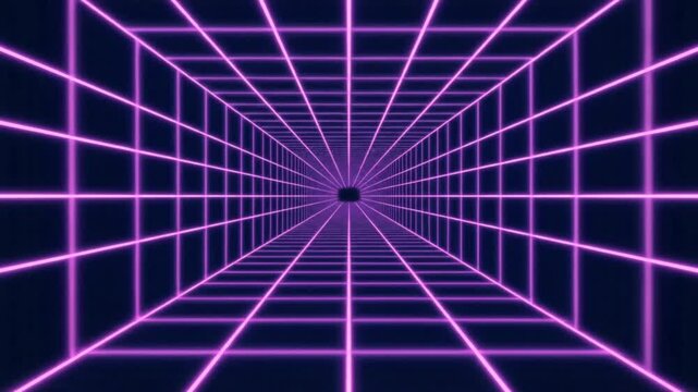 Neon purple grid lines create an infinite tunnel effect receding toward a central vanishing point in a dark virtual reality environment.