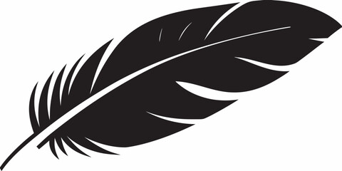 A simple black silhouette of a single feather on a white background © Piku