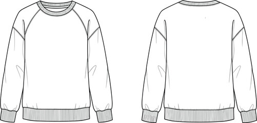 Crew Neck Oversized Sweatshirt Vector Template Front and Back View Blank Raglan Sleeve Fashion Technical Sketch Flat Sketch for Men Women © BIPUL