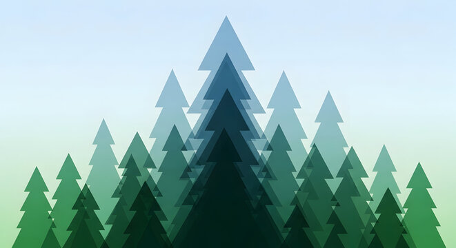 Scandinavian-style abstract pine trees. Using overlapping translucent geometric shapes and forest gradients. Minimalist and clean aesthetic for winter and outdoor branding.
