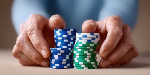 Naklejka premium Elderly hands carefully arrange stacks of blue and green casino poker chips