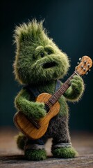 Fototapeta premium Cute fuzzy creature plays miniature guitar amid warm bokeh.