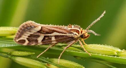 Fototapeta premium Brown Moth Perched on Green Leaf Closeup.