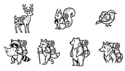 Cute Woodland Animals Hiking and Forest Adventure Icon Set © SUMON