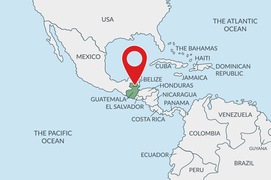 Guatemala location on the political map of America with pin location marker. Vector flat template.