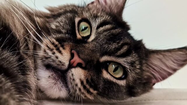 Close up tabby cat resting as green pupils adjust gently to indoor light