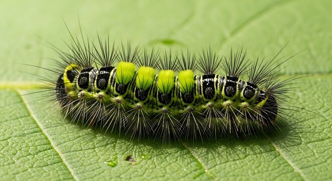 Caterpillar on Leaf Closeup Macro Shot.