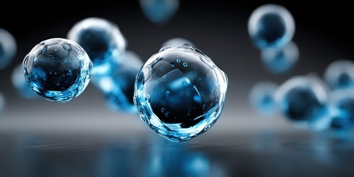 Abstract blue cells or molecules floating in a dark, futuristic environment with soft lighting