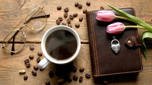 Coffee cup notebook and flowers on rustic wooden table