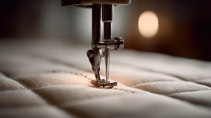 Fototapeta premium Close-up of sewing machine needle stitching through quilted fabric, showcasing intricate details of the sewing process and soft texture of the material