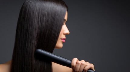 Obraz premium Female model with long, straight hair using a hair straightener in a studio setting, showcasing sleek hair styling techniques and beauty care products