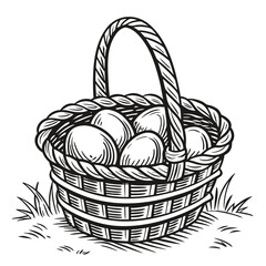 Fototapeta premium Vector illustration of Vintage woodcut illustration of a wicker basket filled with fresh farm eggs on grass