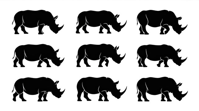 A collection of black rhinoceros silhouettes
