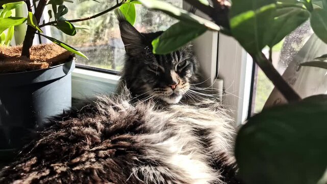 Fluffy tabby cat resting by sunny window surrounded by green indoor plants