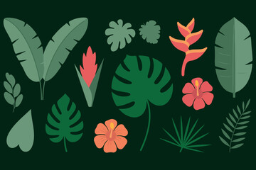 Tropical Leaves and Flowers Flat Vector Set on Dark Green Background. Exotic Tropical Plant and Flower Vector Elements Collection.  © Monem