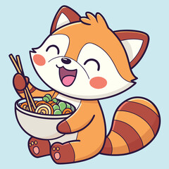 Fototapeta premium Vector illustration of Cute Cartoon Red Panda Happily Eating Noodles with Chopsticks, Asian Food Illustration