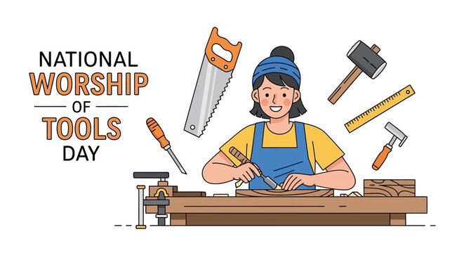 A cheerful woman in a workshop, celebrating National Worship of Tools Day with various tools and equipment around her, conveying a joyful and appreciative mood with a flat lay composition.