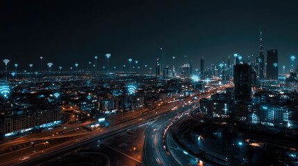 Fototapeta premium Night cityscape showcasing illuminated skyscrapers with digital connectivity symbols and traffic flow
