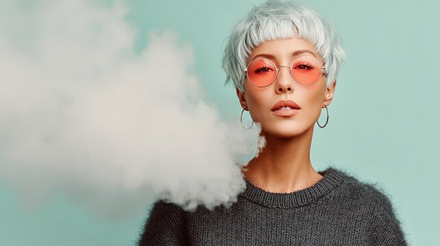 Female model with short silver hair and pink sunglasses poses against a mint green background, with a cloud of vapor emerging from her mouth, wearing a cozy gray sweater