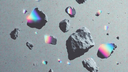 Fototapeta premium Floating rocks with a rainbow prism effect in a speckled space, a dreamy art composition.