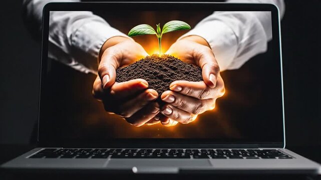 Hands holding soil with a sprouting plant on a laptop screen against a dark background from a frontal viewpoint