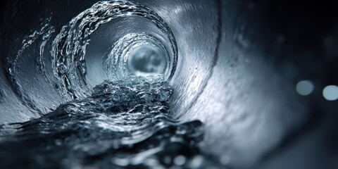 Fototapeta premium Abstract swirling water flowing through a dark tunnel with light at the end