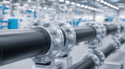 Naklejka premium Industrial pipeline with flanges and bolts in a modern factory setting