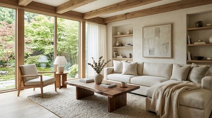 Fototapeta premium This modern Japandi living room interior features a cream-colored sofa, a solid wood coffee table, and large glass doors offering views of a serene, minimalist Japanese Zen garden.