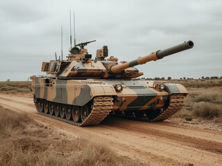Modern Military Tank Moving on Dirt Road in Desert Environment with Cloudy Sky and Detailed Armor Features