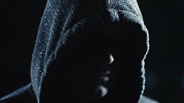 Mysterious hooded figure in a dark environment viewed from a close-up perspective