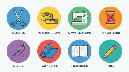 Sewing Tools Icon Set &ndash; Tailoring and Craft Illustrations Featuring Scissors, Measuring Tape, Sewing Machine, Thread Spool, Needle, Fabric Roll, Sketchbook, and Pencil