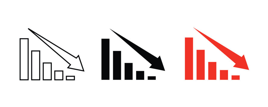 Business decline chart icon set. Down arrow graph loss and negative growth symbols. Outline solid red vector icons